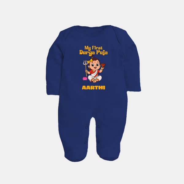 Baby's First Durga Puja Outfit Sleep Suit | Custom Sleep Suit for Little Ones - NAVY BLUE - New Born (Chest 7.5")