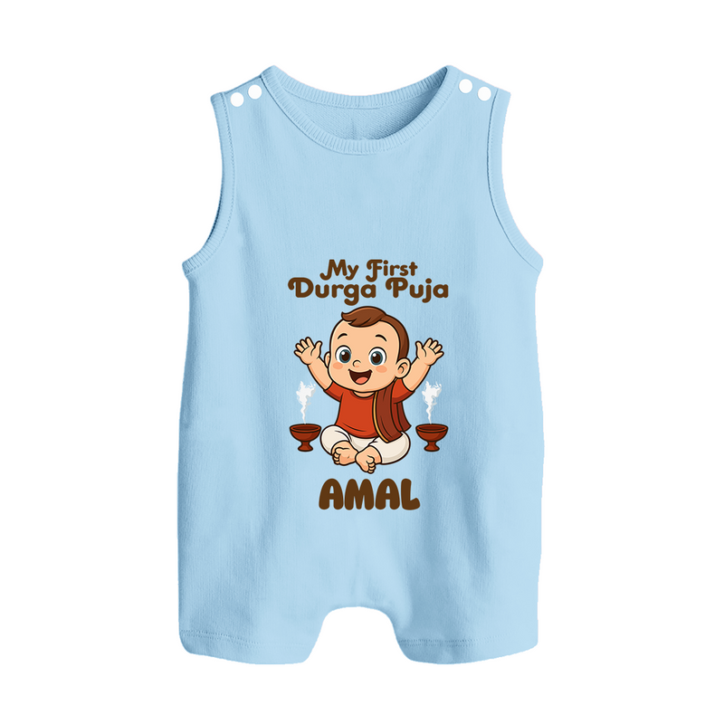 Tiny Devotee First Durga Puja Romper Suit | Custom Baby Romper Suit for Navratri - BABY BLUE - 0 - 5 Months Old (Chest 18")