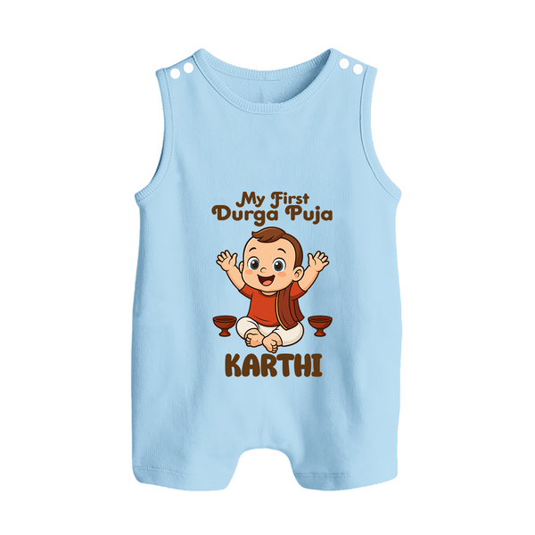 My First Durga Puja Blessings Theme Button Romper - BABY BLUE - New Born (Chest 18")