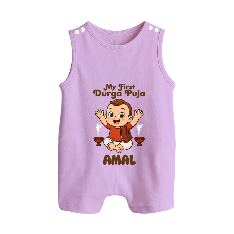 Tiny Devotee First Durga Puja Romper Suit | Custom Baby Romper Suit for Navratri - LILAC - 0 - 5 Months Old (Chest 18")