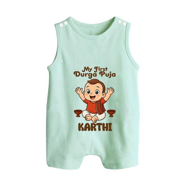 My First Durga Puja Blessings Theme Button Romper - MINT GREEN - New Born (Chest 18")