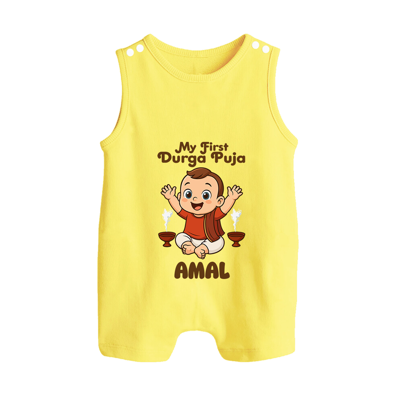 Tiny Devotee First Durga Puja Romper Suit | Custom Baby Romper Suit for Navratri - PASTEL YELLOW - 0 - 5 Months Old (Chest 18")