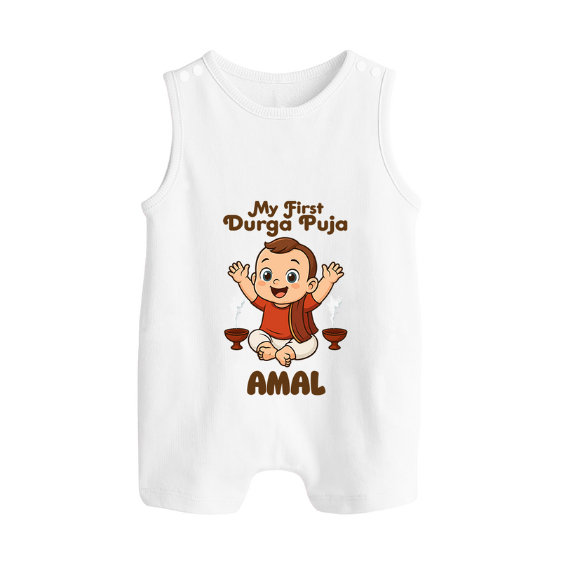 Tiny Devotee First Durga Puja Romper Suit | Custom Baby Romper Suit for Navratri - WHITE - 0 - 5 Months Old (Chest 18")