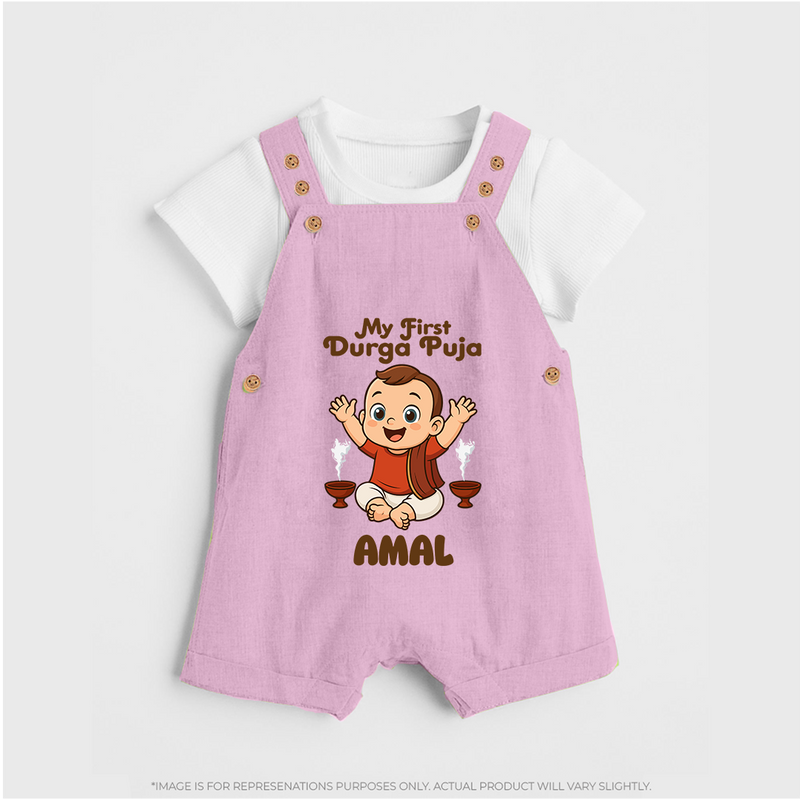 Tiny Devotee First Durga Puja Dungaree Set | Custom Baby Dungaree Set for Navratri - BABY PINK - 0 - 5 Months Old (Chest 18")