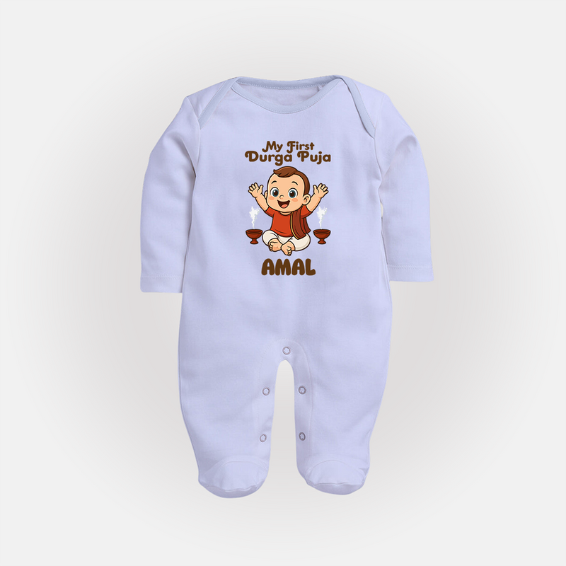 Tiny Devotee First Durga Puja Sleep Suit | Custom Baby Sleep Suit for Navratri - BABY BLUE - New Born (Chest 7.5")