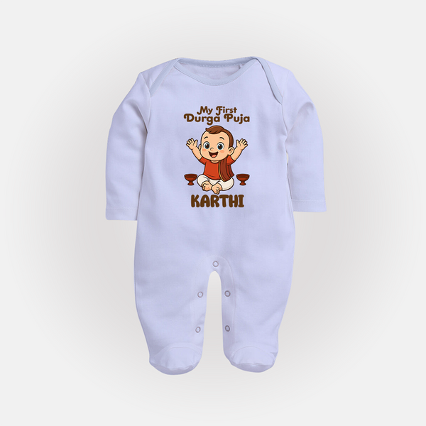 My First Durga Puja Blessings Theme Full Body Suit - BABY BLUE - New Born (Chest 7.5")