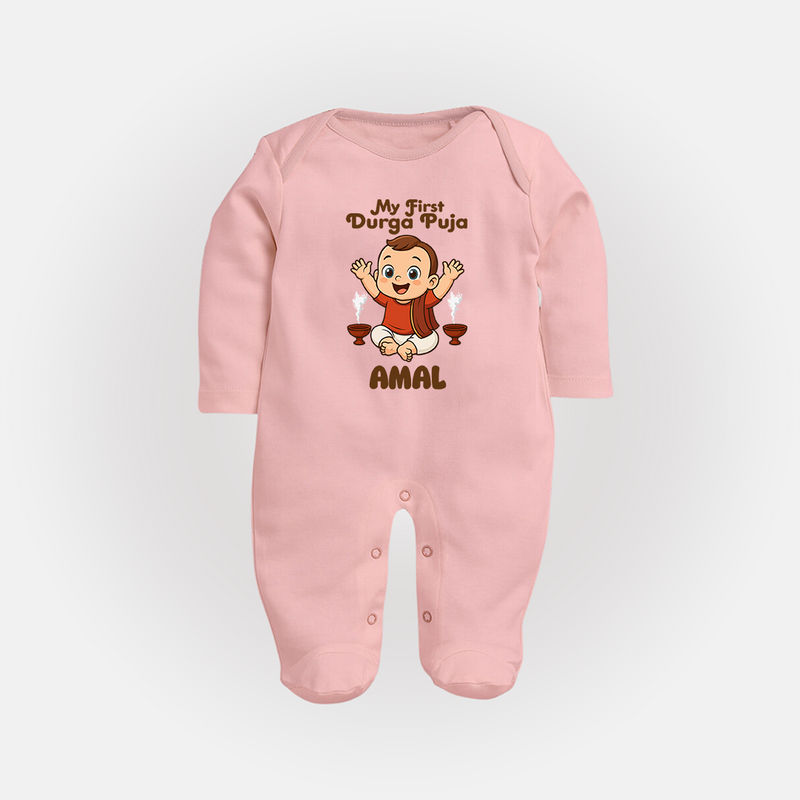 Tiny Devotee First Durga Puja Sleep Suit | Custom Baby Sleep Suit for Navratri - BABY PINK - New Born (Chest 7.5")