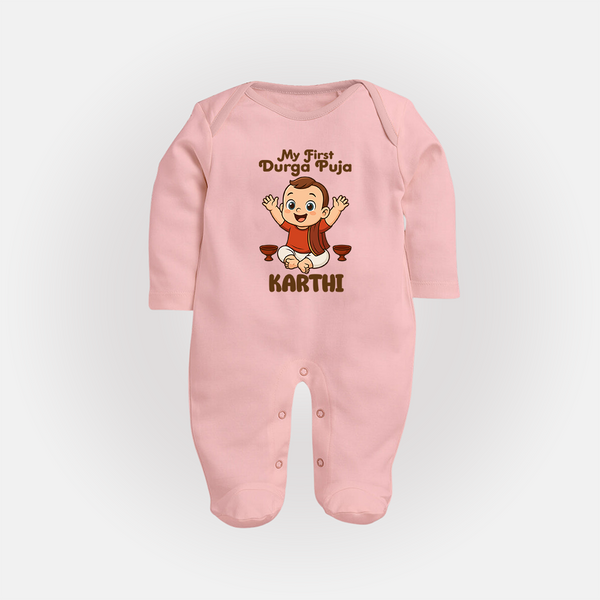 My First Durga Puja Blessings Theme Full Body Suit - BABY PINK - New Born (Chest 7.5")