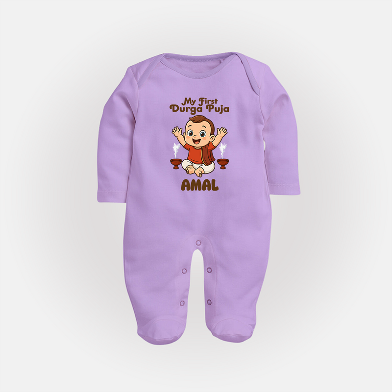 Tiny Devotee First Durga Puja Sleep Suit | Custom Baby Sleep Suit for Navratri - LILAC - New Born (Chest 7.5")