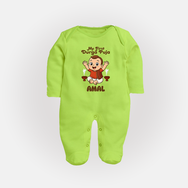 Tiny Devotee First Durga Puja Sleep Suit | Custom Baby Sleep Suit for Navratri - LIME GREEN - New Born (Chest 7.5")
