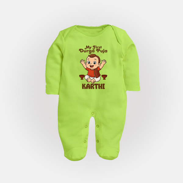 My First Durga Puja Blessings Theme Full Body Suit - LIME GREEN - New Born (Chest 7.5")