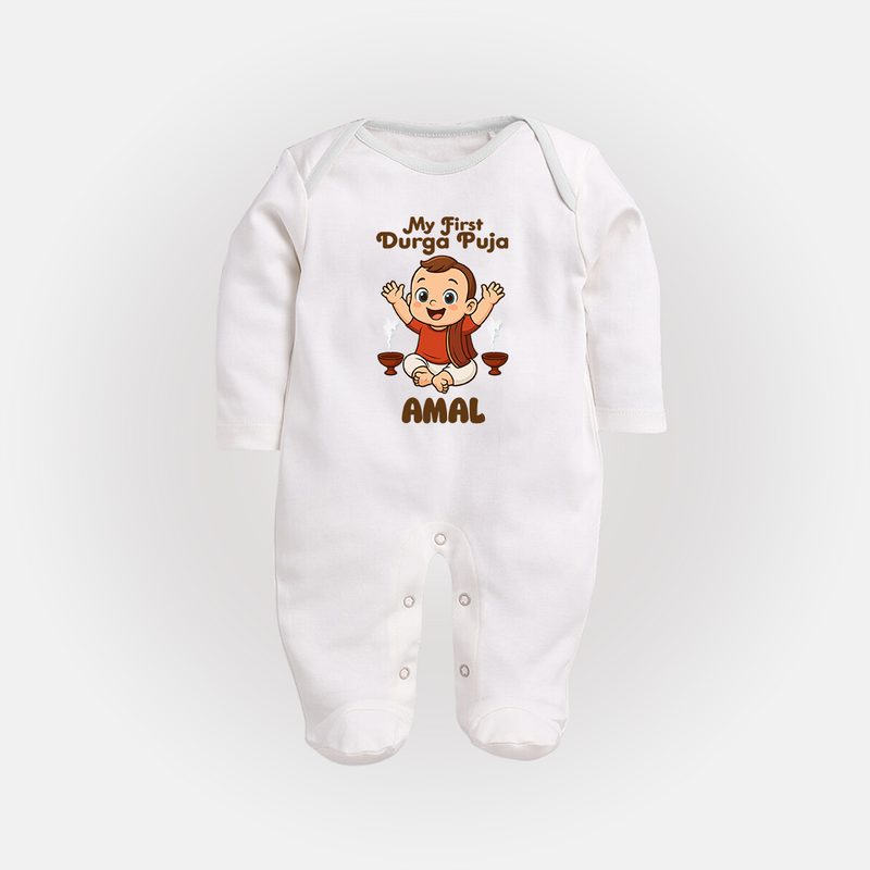 Tiny Devotee First Durga Puja Sleep Suit | Custom Baby Sleep Suit for Navratri - WHITE - New Born (Chest 7.5")