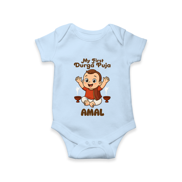 Tiny Devotee First Durga Puja Romper | Custom Baby Romper for Navratri - BABY BLUE - New Born (Chest 14")