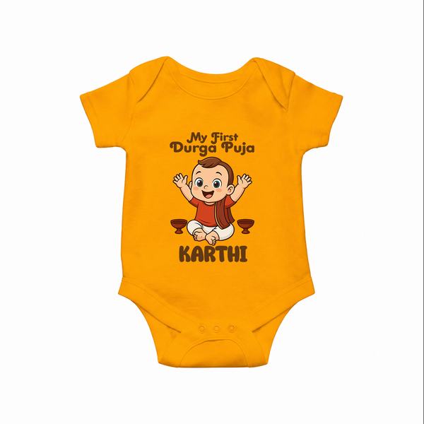 My First Durga Puja Blessings Theme Romper - CHROME YELLOW - New Born (Chest 14")