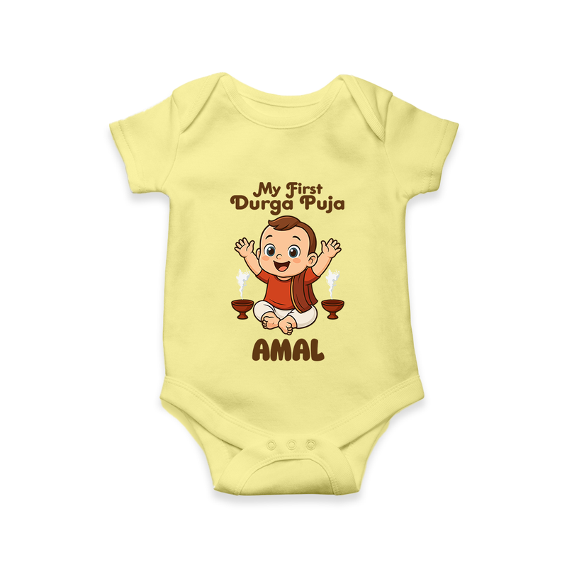 Tiny Devotee First Durga Puja Romper | Custom Baby Romper for Navratri - PASTEL YELLOW - New Born (Chest 14")