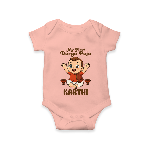 My First Durga Puja Blessings Theme Romper - PEACH - New Born (Chest 14")