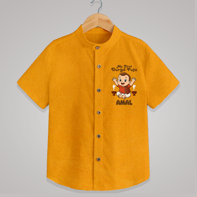Tiny Devotee First Durga Puja Shirt | Custom Baby Shirt for Navratri - CHROME YELLOW - 0 - 6 Months Old (Chest 23")