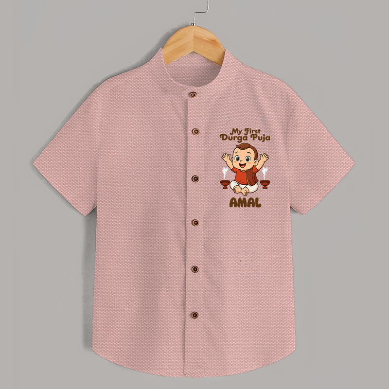 Tiny Devotee First Durga Puja Shirt | Custom Baby Shirt for Navratri - PEACH - 0 - 6 Months Old (Chest 23")