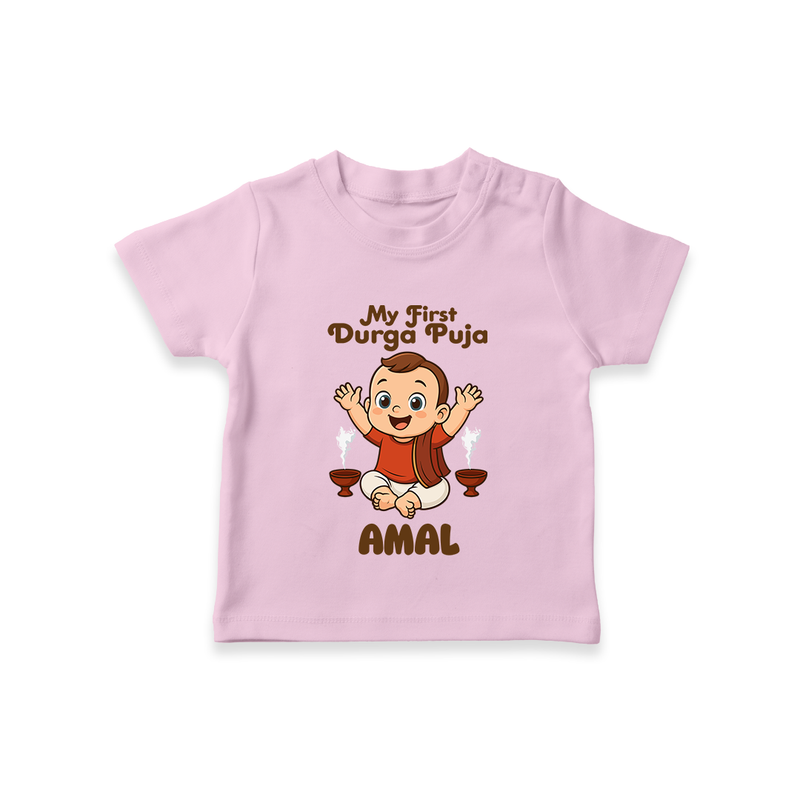Tiny Devotee First Durga Puja Tshirt | Custom Baby Tshirt for Navratri - BABY PINK - 0-5 Months Old (Chest 17")