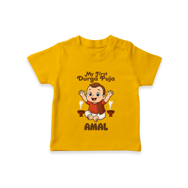 Tiny Devotee First Durga Puja Tshirt | Custom Baby Tshirt for Navratri - CHROME YELLOW - 0-5 Months Old (Chest 17")