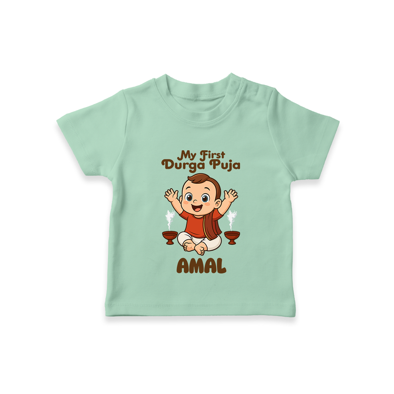 Tiny Devotee First Durga Puja Tshirt | Custom Baby Tshirt for Navratri - MINT GREEN - 0-5 Months Old (Chest 17")