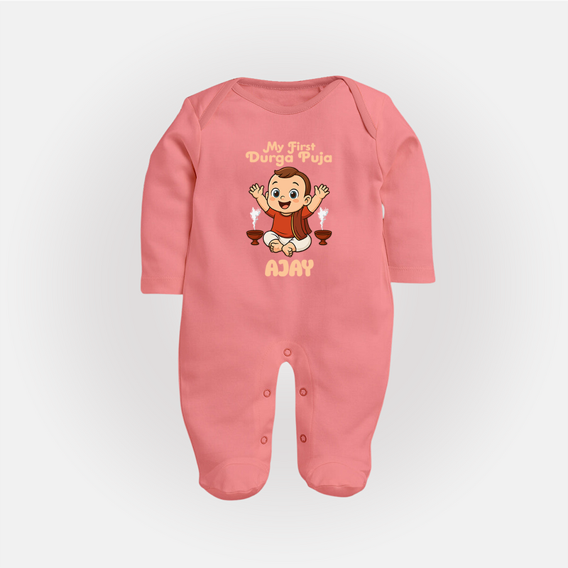 Tiny Devotee First Durga Puja Sleep Suit | Custom Baby Sleep Suit for Navratri - PEACH - New Born (Chest 7.5")