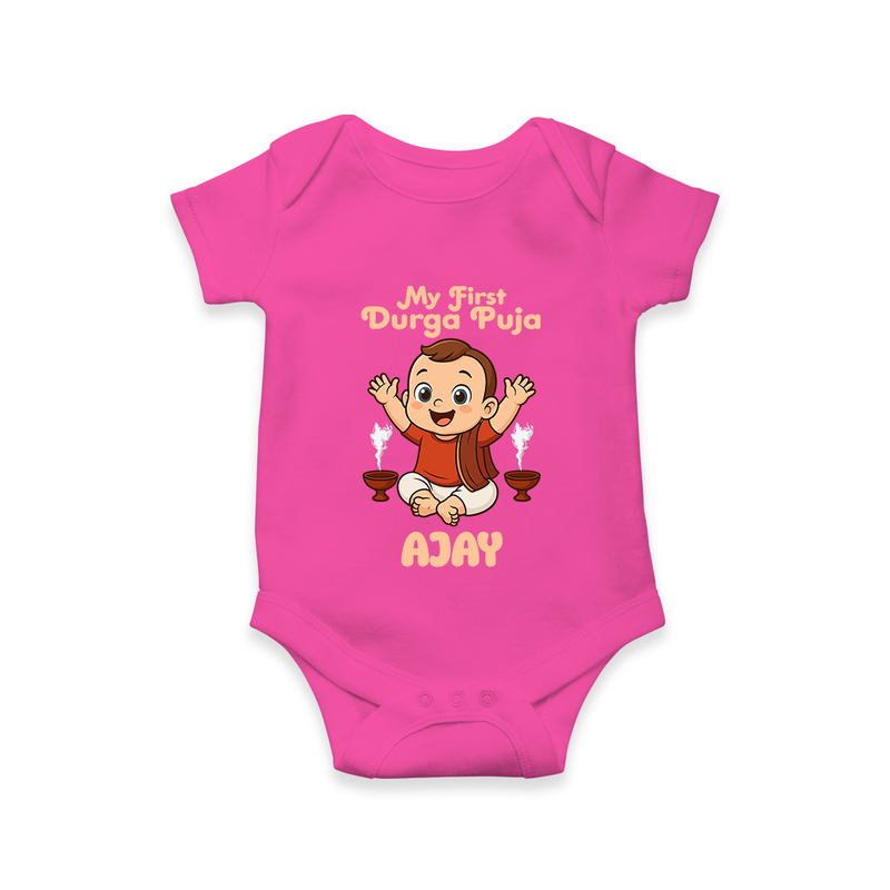 Tiny Devotee First Durga Puja Romper | Custom Baby Romper for Navratri - HOT PINK - New Born (Chest 14")