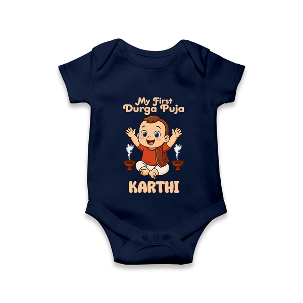 My First Durga Puja Blessings Theme Romper - NAVY BLUE - New Born (Chest 14")