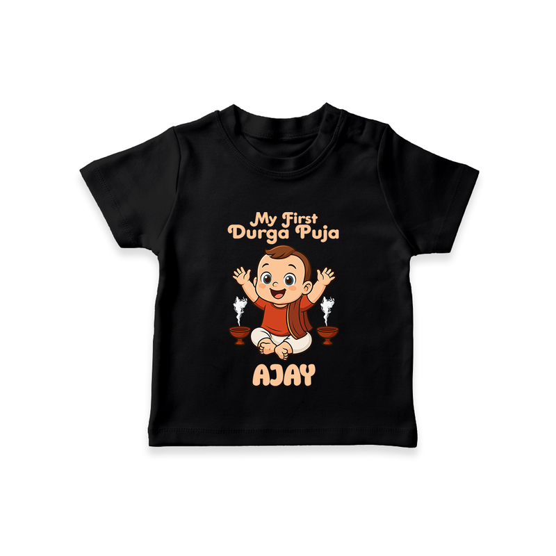 Tiny Devotee First Durga Puja Tshirt | Custom Baby Tshirt for Navratri - BLACK - 0-5 Months Old (Chest 17")