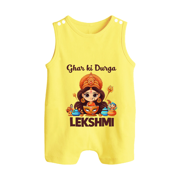 Ghar Ki Durga Divine Goddess Button Romper - PASTEL YELLOW - New Born (Chest 18")