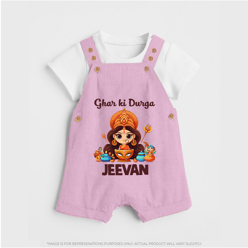 Ghar Ki Durga Dungaree Set | Personalized Baby Dungaree Set for Durga Puja - BABY PINK - 0 - 5 Months Old (Chest 18")