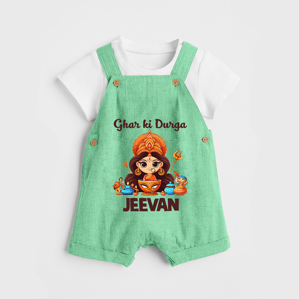 Ghar Ki Durga Dungaree Set | Personalized Baby Dungaree Set for Durga Puja - GREEN - 0 - 5 Months Old (Chest 18")