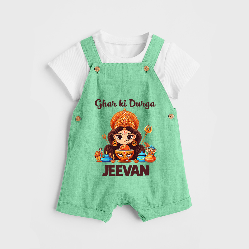 Ghar Ki Durga Dungaree Set | Personalized Baby Dungaree Set for Durga Puja - GREEN - 0 - 5 Months Old (Chest 18")