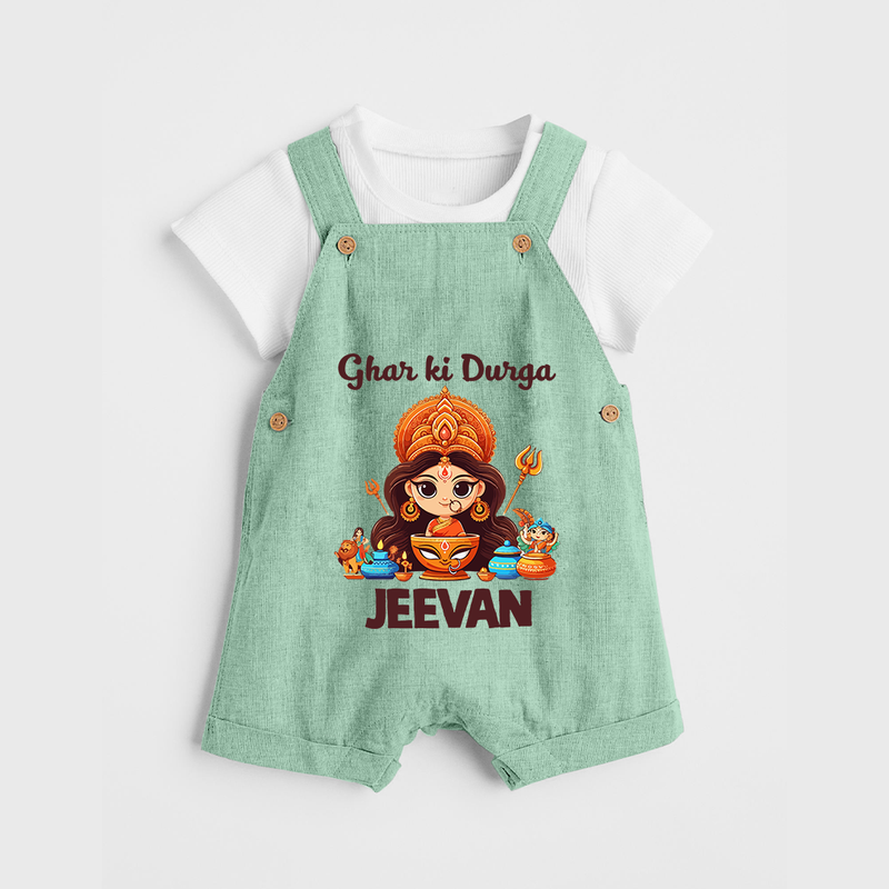 Ghar Ki Durga Dungaree Set | Personalized Baby Dungaree Set for Durga Puja - MINT GREEN - 0 - 5 Months Old (Chest 18")