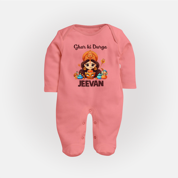 Ghar Ki Durga Sleep Suit | Personalized Baby Sleep Suit for Durga Puja - PEACH - New Born (Chest 7.5")