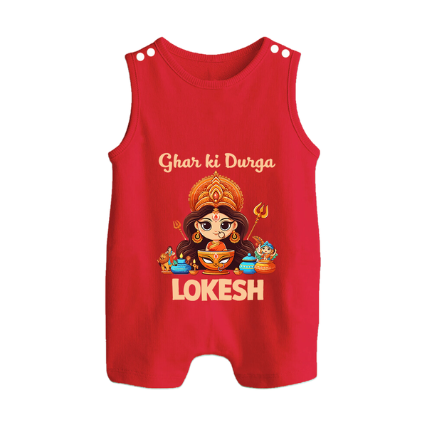 Ghar Ki Durga Romper Suit / Sleeveless Romper | Personalized Baby Romper Suit / Sleeveless Romper for Durga Puja - RED - 0 - 5 Months Old (Chest 18")