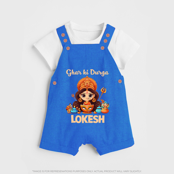 Ghar Ki Durga Dungaree Set | Personalized Baby Dungaree Set for Durga Puja - COBALT BLUE - 0 - 5 Months Old (Chest 18")