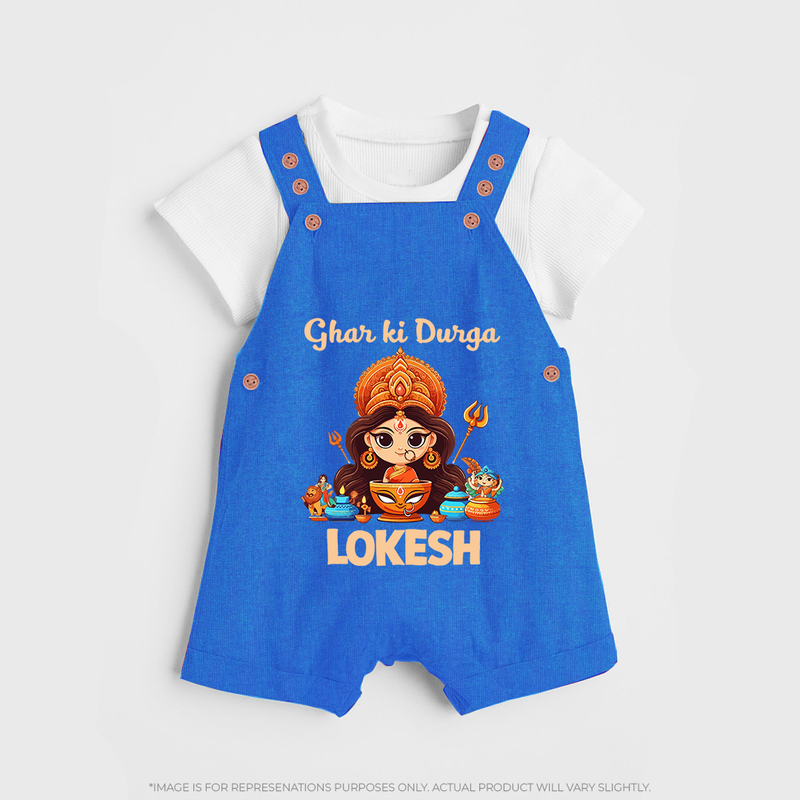 Ghar Ki Durga Dungaree Set | Personalized Baby Dungaree Set for Durga Puja - COBALT BLUE - 0 - 5 Months Old (Chest 18")
