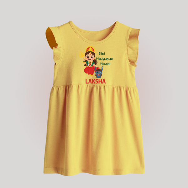 Mini Mahishasura Mardini Theme Baby Frock - PASTEL YELLOW - 0 - 3 Months Old (Chest 17")