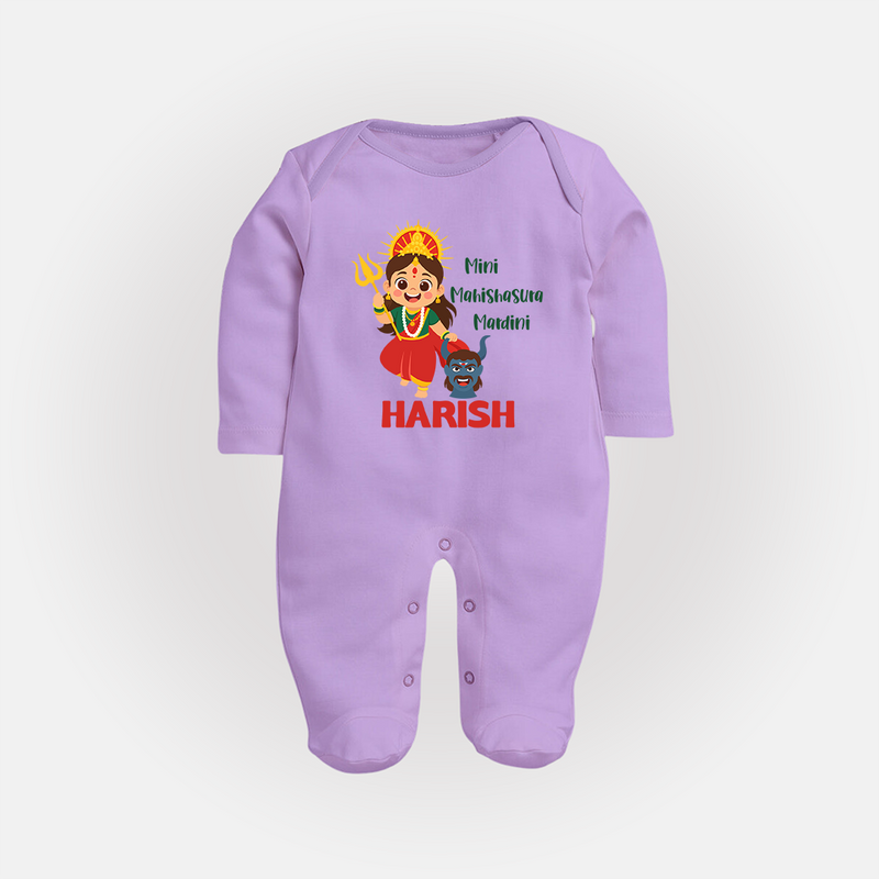 Mini Mahishasura Mardini Sleep Suit | Personalized Baby Sleep Suit for Little Warrior - LILAC - New Born (Chest 7.5")