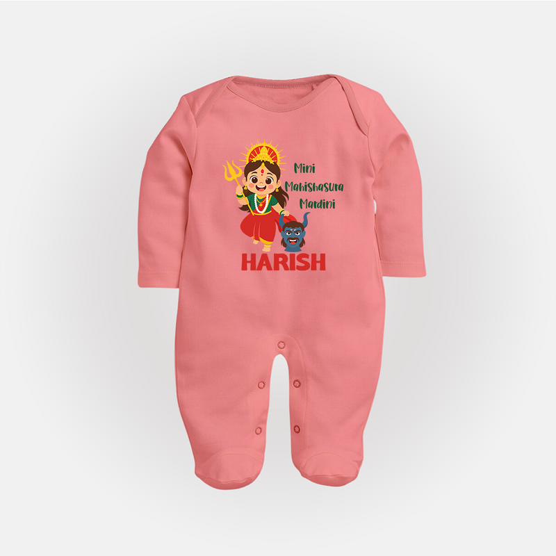 Mini Mahishasura Mardini Sleep Suit | Personalized Baby Sleep Suit for Little Warrior - PEACH - New Born (Chest 7.5")