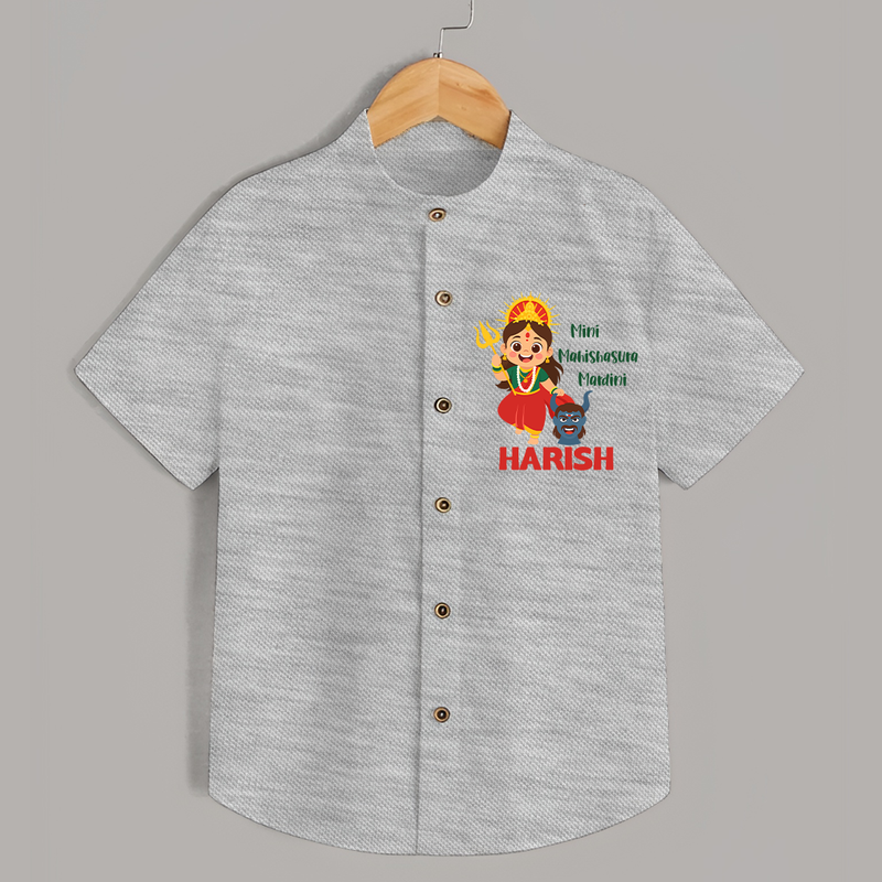 Mini Mahishasura Mardini Shirt | Personalized Baby Shirt for Little Warrior - GREY - 0 - 6 Months Old (Chest 23")