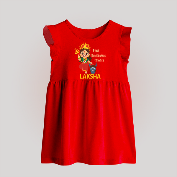 Mini Mahishasura Mardini Theme Baby Frock - RED - 0 - 3 Months Old (Chest 17")