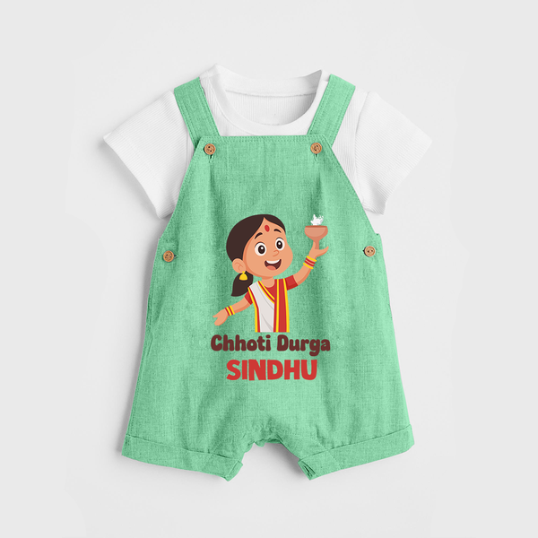 Chhoti Durga Dungaree Set | Custom Baby Dungaree Set for Navratri Festivities - GREEN - 0 - 5 Months Old (Chest 18")