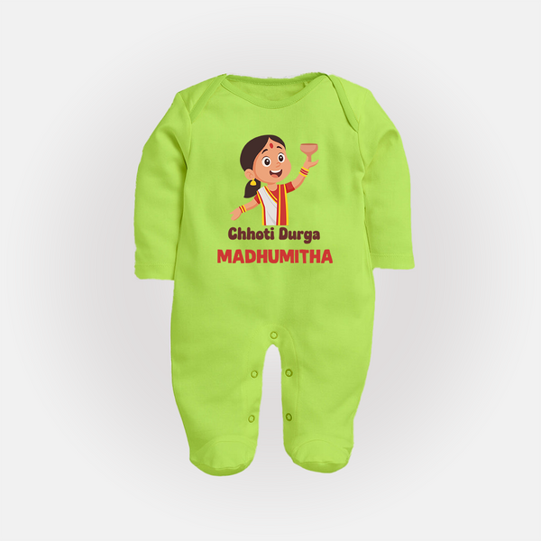 Chhoti Durga Devotional Full Body Suit - LIME GREEN - New Born (Chest 7.5")