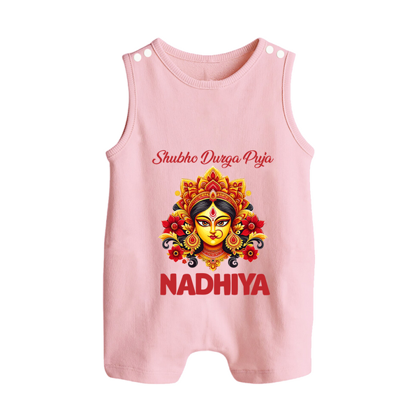 Shubh Durga Puja Goddess Face Art Button Romper - BABY PINK - New Born (Chest 18")