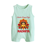 Shubh Durga Puja Goddess Face Art Button Romper - MINT GREEN - New Born (Chest 18")