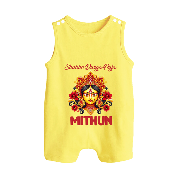 Shubho Durga Puja Romper Suit / Sleeveless Romper | Custom Baby Romper Suit / Sleeveless Romper for Durga Celebration - PASTEL YELLOW - 0 - 5 Months Old (Chest 18")