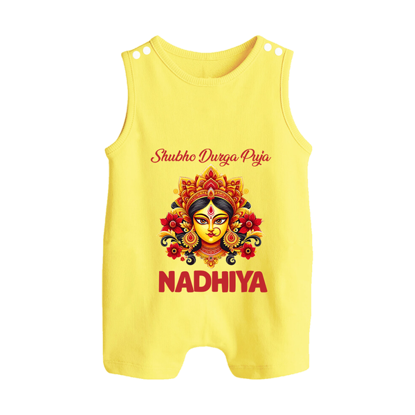 Shubh Durga Puja Goddess Face Art Button Romper - PASTEL YELLOW - New Born (Chest 18")