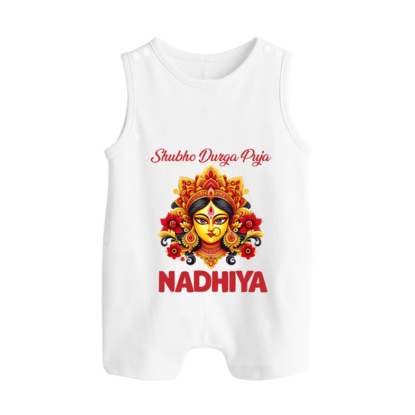Shubh Durga Puja Goddess Face Art Button Romper - WHITE - New Born (Chest 18")